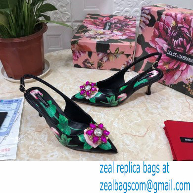 Dolce  &  Gabbana Heel 6.5cm Leather Print Slingbacks with Crystal Flower 01 2021